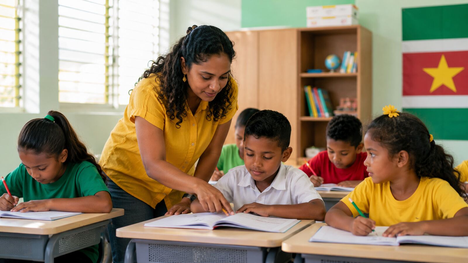 Leraar met leerlingen in Surinaamse klas